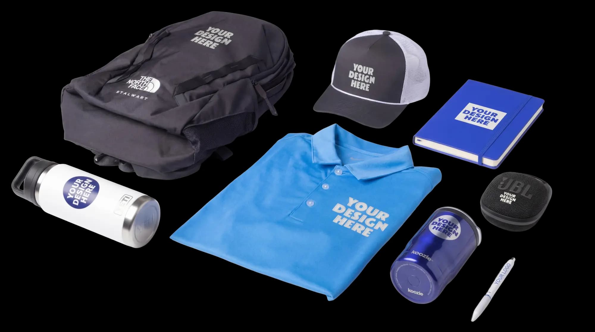 Custom branded apparel and promotional products — backpack, polo, hat, water bottle, notebook, koozie, and more